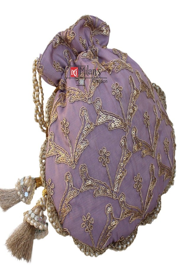 MILAN'S CREATION Fancy Potli Bag Golden Embroidery Shimmer Silk Designer Purse Drawstring Purse With Pearl Handle & Tassel | Ladies Women’s Handbag | Party Wedding Festival Giveaways Gift (Violet) - Image 4